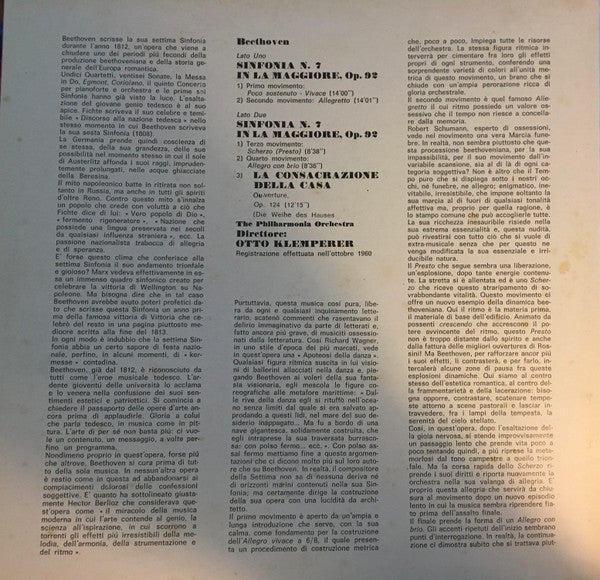Otto Klemperer, Philharmonia Orchestra, Ludwig van Beethoven : Sinfonia N.7 In La Maggiore Op.92 - Ouverture : Consacrazione Della Casa  (LP, Album, Gat)