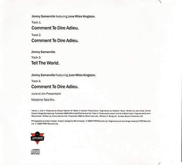Jimmy Somerville Featuring June Miles-Kingston : Comment Te Dire Adieu (CD, Single)