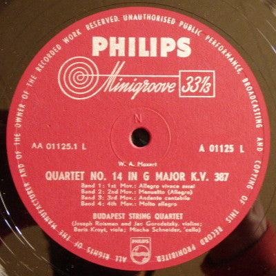 Wolfgang Amadeus Mozart, Budapest String Quartet : Quartet No. 14 In G Minor K.V. 387 - Quartet No. 15 In D Minor K.V. 421 (LP, Mono)