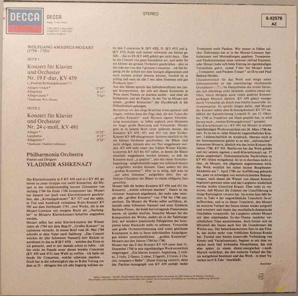 Wolfgang Amadeus Mozart - Vladimir Ashkenazy - Philharmonia Orchestra : Klavierkonzert Nr. 19 F-dur, Kv 459 /  Klavierkonzert Nr. 24 C-moll, Kv 491 (LP)