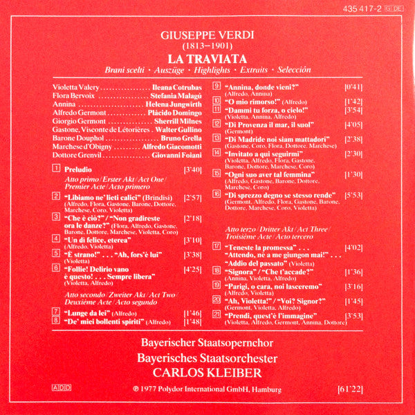 Carlos Kleiber, Chor Der Bayerischen Staatsoper, Bayerisches Staatsorchester, Placido Domingo, Ileana Cotrubas, Sherrill Milnes : La Traviata (Auszüge • Highlights • Extraits) (CD, Album, RE)
