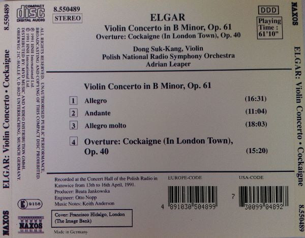 Sir Edward Elgar, Dong-Suk Kang, Wielka Orkiestra Symfoniczna Polskiego Radia I Telewizji, Adrian Leaper : Violin Concerto In B Minor, Op. 61 / Overture: Cockaigne (In London Town), Op.40 (CD, Album)