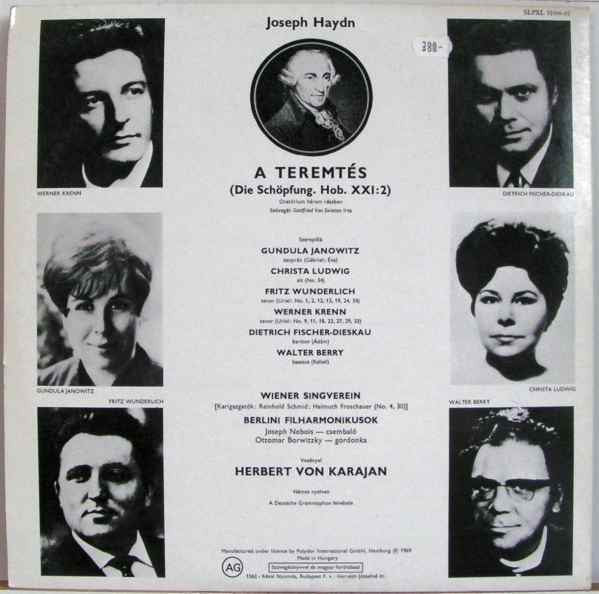 Joseph Haydn / Herbert Von Karajan / Berliner Philharmoniker / Wiener Singverein / Fritz Wunderlich / Werner Krenn / Walter Berry / Dietrich Fischer-Dieskau / Christa Ludwig / Gundula Janowitz : A Teremtés (Die Schöpfung) (2xLP, RE, Gat)