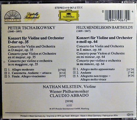 Tschaikowsky* • Mendelssohn* - Nathan Milstein, Wiener Philharmoniker, Claudio Abbado : Violinkonzerte (CD, Album, RE, RM)