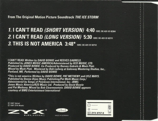 David Bowie : I Can't Read (From The Original Motion Picture Soundtrack The Ice Storm) (CD, Maxi)