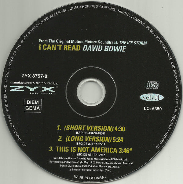 David Bowie : I Can't Read (From The Original Motion Picture Soundtrack The Ice Storm) (CD, Maxi)