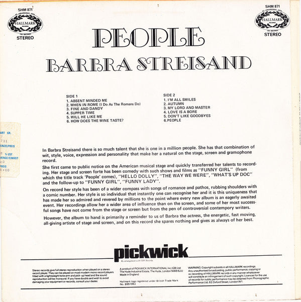 Barbra Streisand : People (LP, Album, RE)