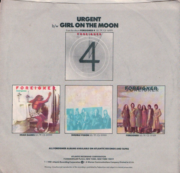 Foreigner : Urgent (7", Single, Spe)