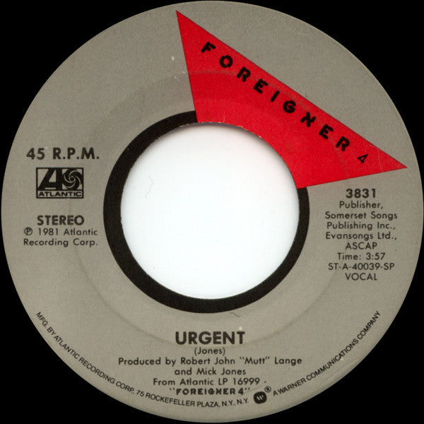 Foreigner : Urgent (7", Single, Spe)