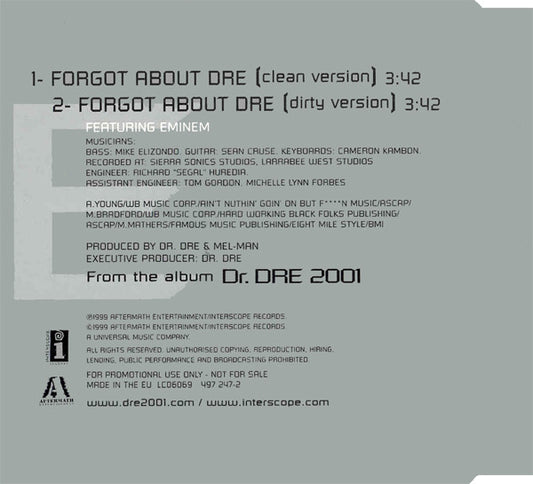 Dr. Dre Featuring Eminem : Forgot About Dre (CD, Single, Promo)