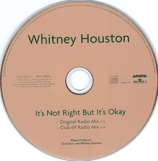Whitney Houston : It's Not Right But It's Okay (CD, Single, Car)