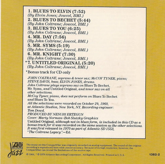 John Coltrane : Coltrane Plays The Blues (CD, Album, RE)
