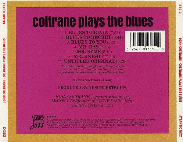 John Coltrane : Coltrane Plays The Blues (CD, Album, RE)