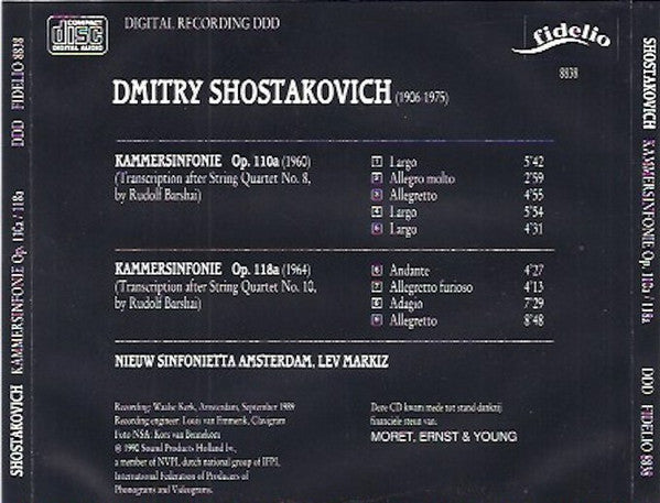 Dmitri Shostakovich, Nieuw Sinfonietta Amsterdam, Lev Markiz : Kammersinfonie Opus 110a - Kammersinfonie Opus 118a (CD, Album)