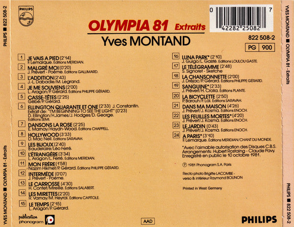 Yves Montand : Olympia "81" Extraits (CD, Album, RE)