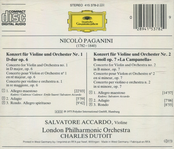 Niccolò Paganini - Salvatore Accardo, London Philharmonic Orchestra, Charles Dutoit : Violinkonzerte Nos. 1 & 2 = Violin Concertos = Concertos Pour Violon (CD, Comp)