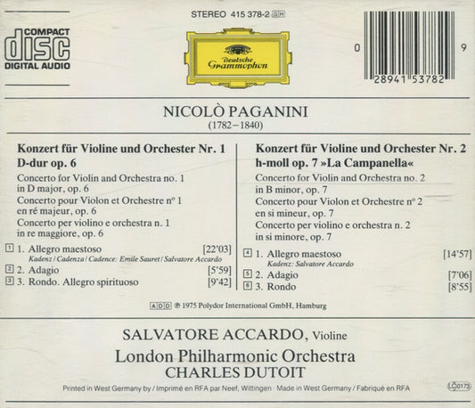 Niccolò Paganini - Salvatore Accardo, London Philharmonic Orchestra, Charles Dutoit : Violinkonzerte Nos. 1 & 2 = Violin Concertos = Concertos Pour Violon (CD, Comp)