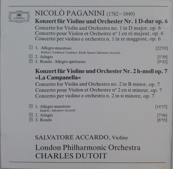 Niccolò Paganini - Salvatore Accardo, London Philharmonic Orchestra, Charles Dutoit : Violinkonzerte Nos. 1 & 2 = Violin Concertos = Concertos Pour Violon (CD, Comp)