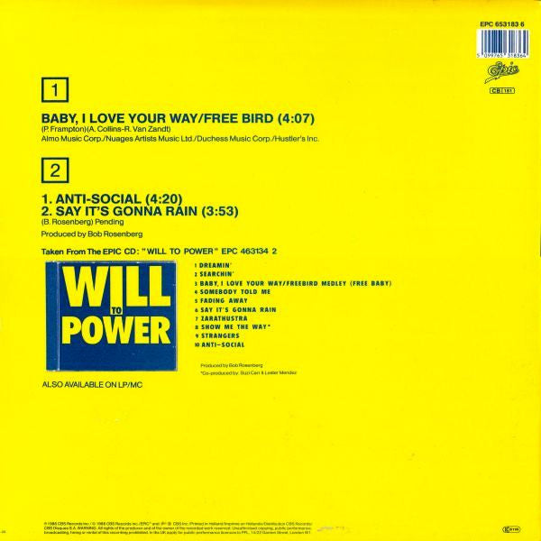 Will To Power : Freebaby (Baby, I Love Your Way/Free Bird) (12", Maxi)