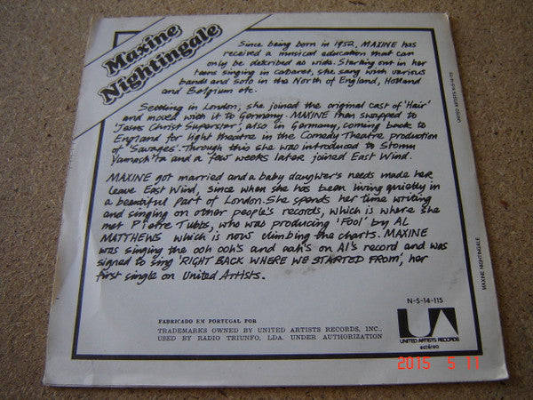 Maxine Nightingale : Right Back Where We Started From (7", Single)