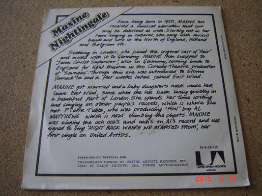 Maxine Nightingale : Right Back Where We Started From (7", Single)