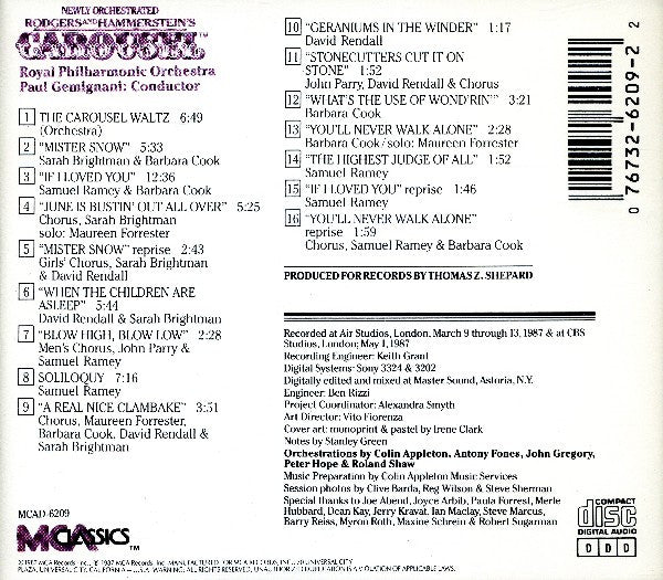 Rodgers & Hammerstein - Barbara Cook, Samuel Ramey Featuring Sarah Brightman, Royal Philharmonic Orchestra, Paul Gemignani : Carousel (CD, Album, RE)