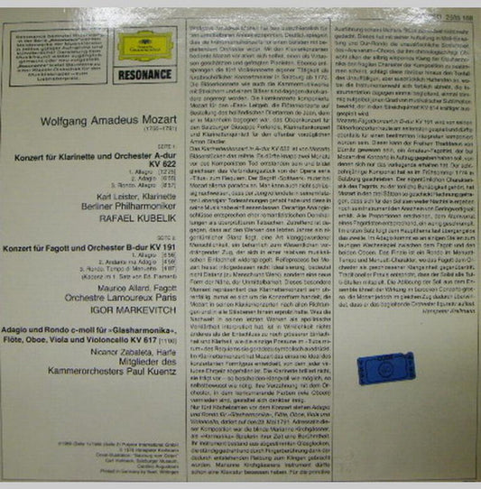 Wolfgang Amadeus Mozart, Karl Leister, Rafael Kubelik, Berliner Philharmoniker, Maurice Allard, Orchestre Des Concerts Lamoureux, Nicanor Zabaleta, Igor Markevitch, Orchestre De Chambre Paul Kuentz : Klarinettenkonzert / Fagottkonzert / Adagio und Rondo KV 617 (LP, Comp)