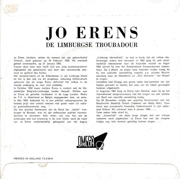 Jo Erens : Het Bankske In De Schaduw / Schwerbelke / Jan Rattaplan / Treeske (7", EP)