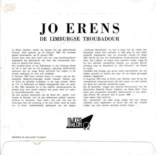 Jo Erens : Het Bankske In De Schaduw / Schwerbelke / Jan Rattaplan / Treeske (7", EP)