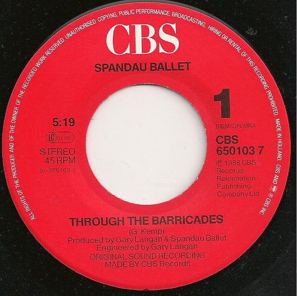 Spandau Ballet : Through The Barricades (7", Single)