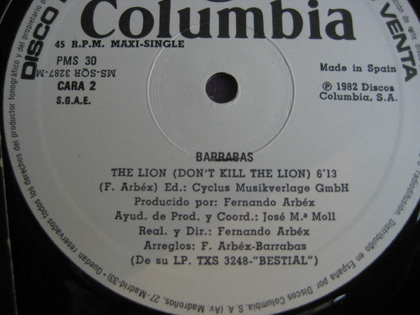 Barrabas : The Lion (Don't Kill The Lion) (12", Maxi)