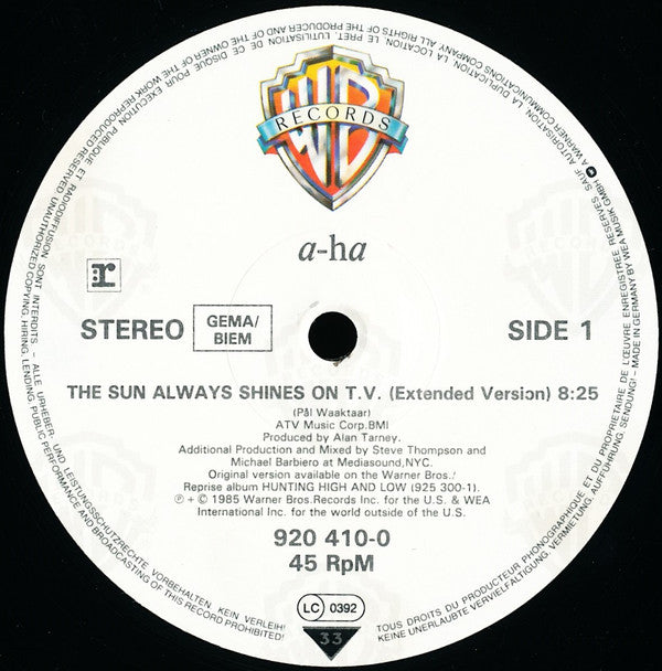a-ha : The Sun Always Shines On T.V. (12", Maxi, Pos)