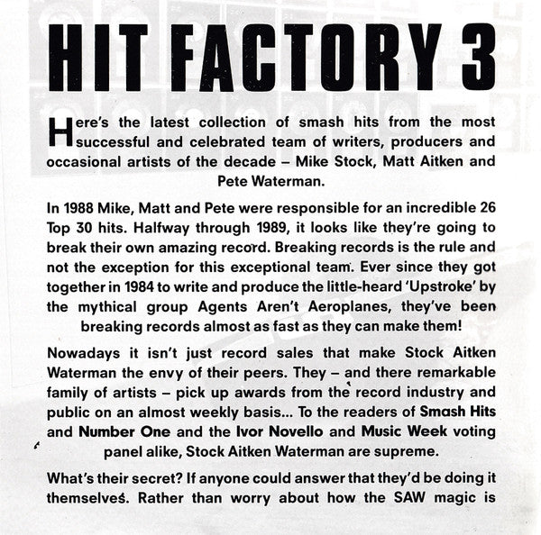 Various : Hit Factory 3 - The Best Of Stock Aitken Waterman (CD, Album, Comp + CD, Album, Comp, Mixed)