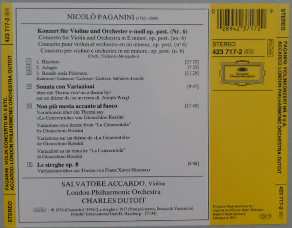 Niccolò Paganini - Salvatore Accardo, London Philharmonic Orchestra, Charles Dutoit : Violinkonzert No. 6 • Le streghe • Non più mesta • Sonata & Variazioni (CD)
