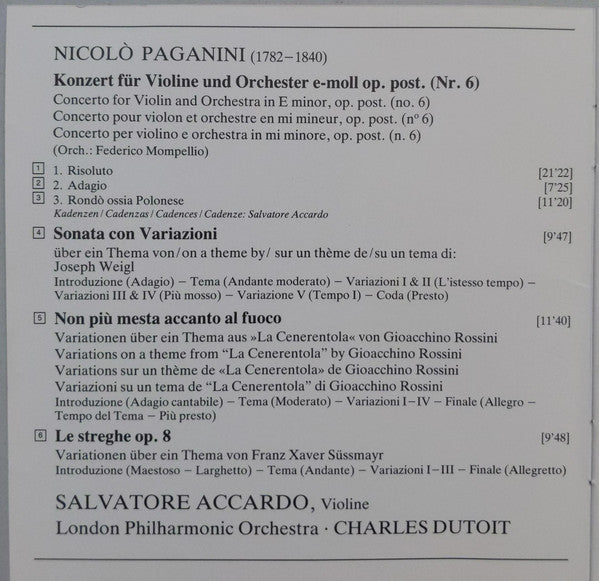 Niccolò Paganini - Salvatore Accardo, London Philharmonic Orchestra, Charles Dutoit : Violinkonzert No. 6 • Le streghe • Non più mesta • Sonata & Variazioni (CD)