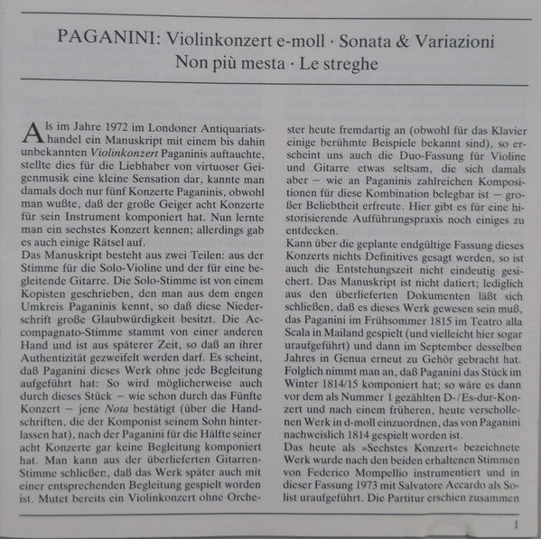 Niccolò Paganini - Salvatore Accardo, London Philharmonic Orchestra, Charles Dutoit : Violinkonzert No. 6 • Le streghe • Non più mesta • Sonata & Variazioni (CD)