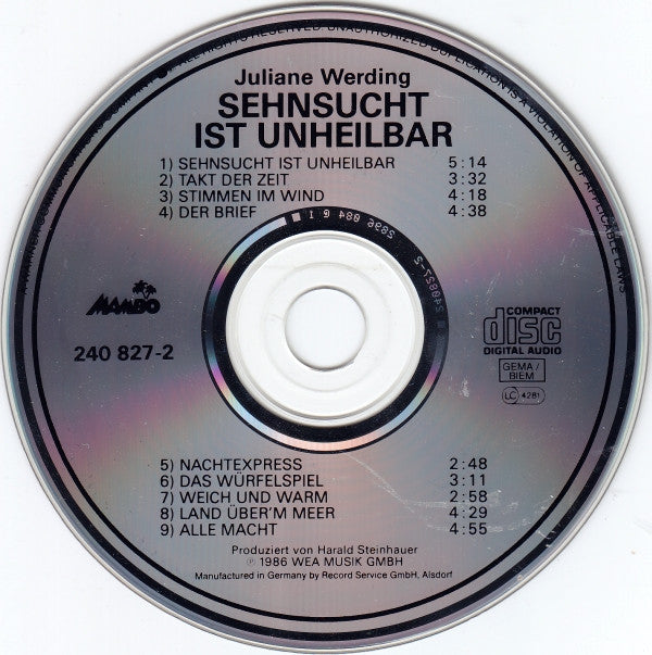 Juliane Werding : Sehnsucht Ist Unheilbar (CD, Album)