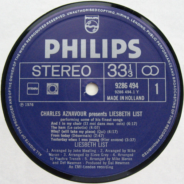 Liesbeth List : Charles Aznavour Presents Liesbeth List - Performing Some Of His Finest Songs (LP, Album)