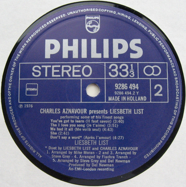 Liesbeth List : Charles Aznavour Presents Liesbeth List - Performing Some Of His Finest Songs (LP, Album)