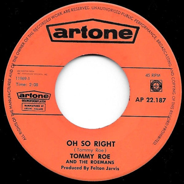 Tommy Roe and The Roemans :  Oh So Right / I Think I Love You (7", Single)