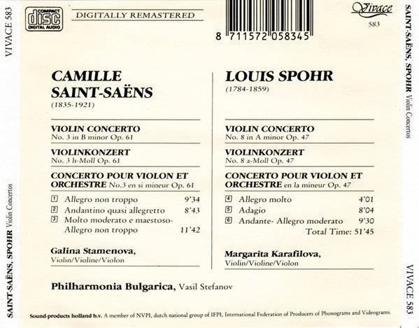 Margarita Karafilova, Philharmonia Bulgarica, Vassil Stefanov : Spohr Violinkonzert No. 8 - Saint-Saëns Violinkonzert No. 3 (CD, Comp, RM)