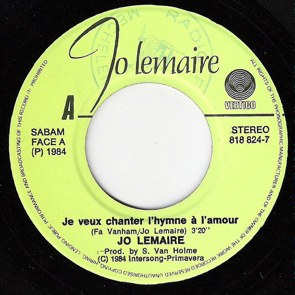 Jo Lemaire : Je Veux Chanter L'Hymne A L'Amour (7", Single)