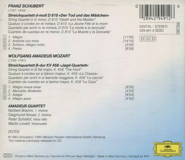 Franz Schubert / Wolfgang Amadeus Mozart - Amadeus-Quartett : Der Tod Und Das Mädchen / Jagd-Quartett (CD, Comp)