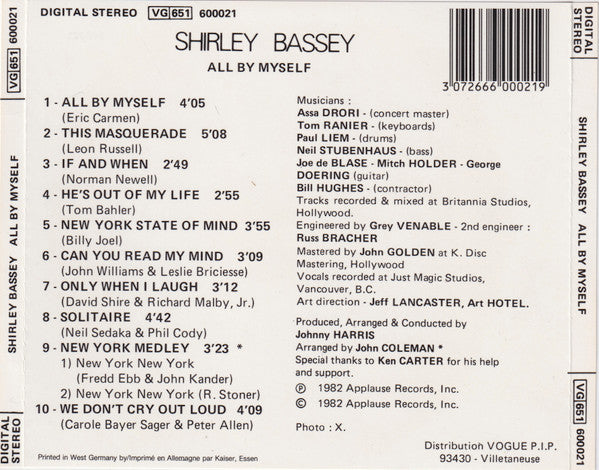 Shirley Bassey : All By Myself (CD, Album, RP)