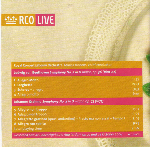 Ludwig van Beethoven, Johannes Brahms - Concertgebouworkest, Mariss Jansons : Beethoven > Symphony No. 2 -  Brahms > Symphony No. 2 (SACD, Hybrid, Multichannel, Album)