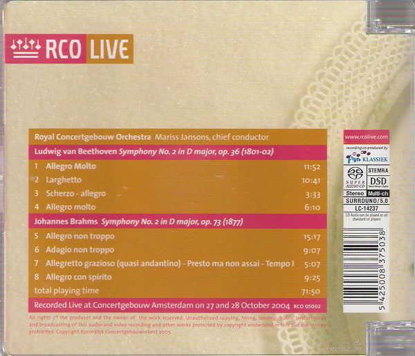 Ludwig van Beethoven, Johannes Brahms - Concertgebouworkest, Mariss Jansons : Beethoven > Symphony No. 2 -  Brahms > Symphony No. 2 (SACD, Hybrid, Multichannel, Album)