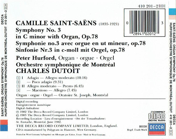 Camille Saint-Saëns, Peter Hurford, Orchestre symphonique de Montréal, Charles Dutoit : Organ Symphony (CD, Album)