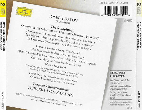 Joseph Haydn – Gundula Janowitz · Christa Ludwig · Fritz Wunderlich · Werner Krenn . Dietrich Fischer-Dieskau · Walter Berry / Wiener Singverein, Berliner Philharmoniker, Herbert von Karajan : Die Schöpfung = The Creation = La Création (2xCD, Album, RE, RM)