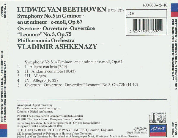 Ludwig van Beethoven, Philharmonia Orchestra, Vladimir Ashkenazy : Symphony No. 5 / "Leonore" No. 3 (CD, Album)