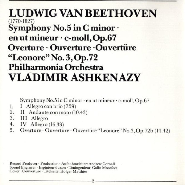 Ludwig van Beethoven, Philharmonia Orchestra, Vladimir Ashkenazy : Symphony No. 5 / "Leonore" No. 3 (CD, Album)